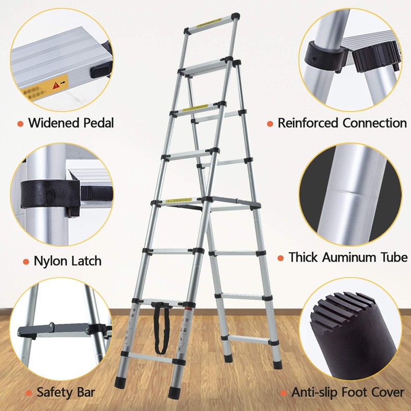 6+7 Step Ladder 6.3FT A-Frame Aluminum Telescoping Ladder Portable Multi-Purpose