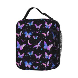 PrelerDIY Whimsical Pastel Butterflies Black Lunch Box - Insulated Lunch Bags for Boys/Girls/Women/Men Detachable Handle Lunchbox Meal Tote Bag