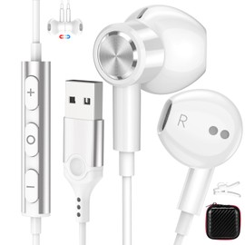 USB Earbuds with Microphone for PC,7.5ft USB A Headphones for Computer Laptop,Magnetic Wired USBA Headset with Mic Noise Cancelling Earphones for HP Dell Surface Zoom Teams Meeting Work School,White