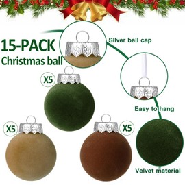 15 Pcs Velvet Christmas Ornaments Balls, 3.15 Inch Flocked Christmas Balls Hanging Ornaments, Shatterproof Xmas Bulbs Christmas Tree Decorations Velvet Ornament Balls (Brown, Green, Beige)