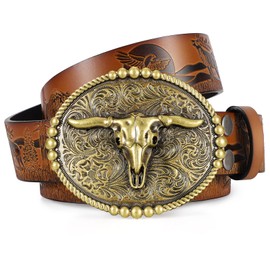 SANSTHS Cowboy Belts for Men Women, Western Leather Belt with Big Buckles Mexican Country Black Longhorn Bull Belt for Jeans, Brown