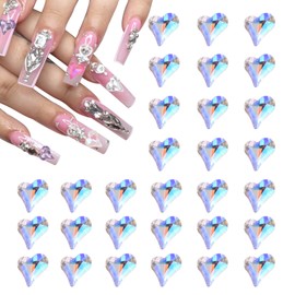 MECCANIXITY 30 Pcs 3D Heart Nail Charm Crystals Gems 12x13mm Crooked Heart-Shape Nail Charm Art Rhinestone for Valentine's Day DIY Decoration Jewelry Making, Colorful White