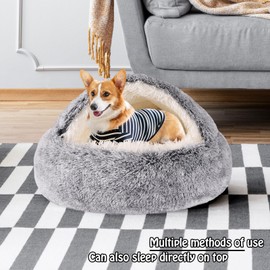 Round Hooded Cat Bed & Dog Bed with Cover Cave, Dog Bed for Small Dogs, Faux Fur Cuddler Round Coved Cat Bed Self Warming Donut Dog Bed (Gray, 20inch x 20inch)