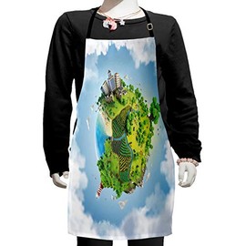 Ambesonne World Apron, Cartoon Style Globe with Greenery Peaceful Idyllic Country Cloudy Sky, Small Apron Bib with Adjustable Ties for Baking Painting, Small Size, Green Pale Blue White