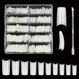 Venares Artificial Fingernails Natural 500 Pieces False Art Full Coffin Nails Tips with Cuticle Pusher, Acrylic Artificial Nail Tips Set