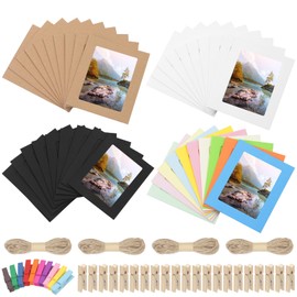 Swpeet 64Pcs Colorful 4 Inch Paper Photo Frames Set, Hanging Photo Display Frames, Cardboard Picture Frames, Colored/Khaki/White/Black Hanging Album Frame Each for 10Pcs, 20Pcs Clips, 4Pcs String
