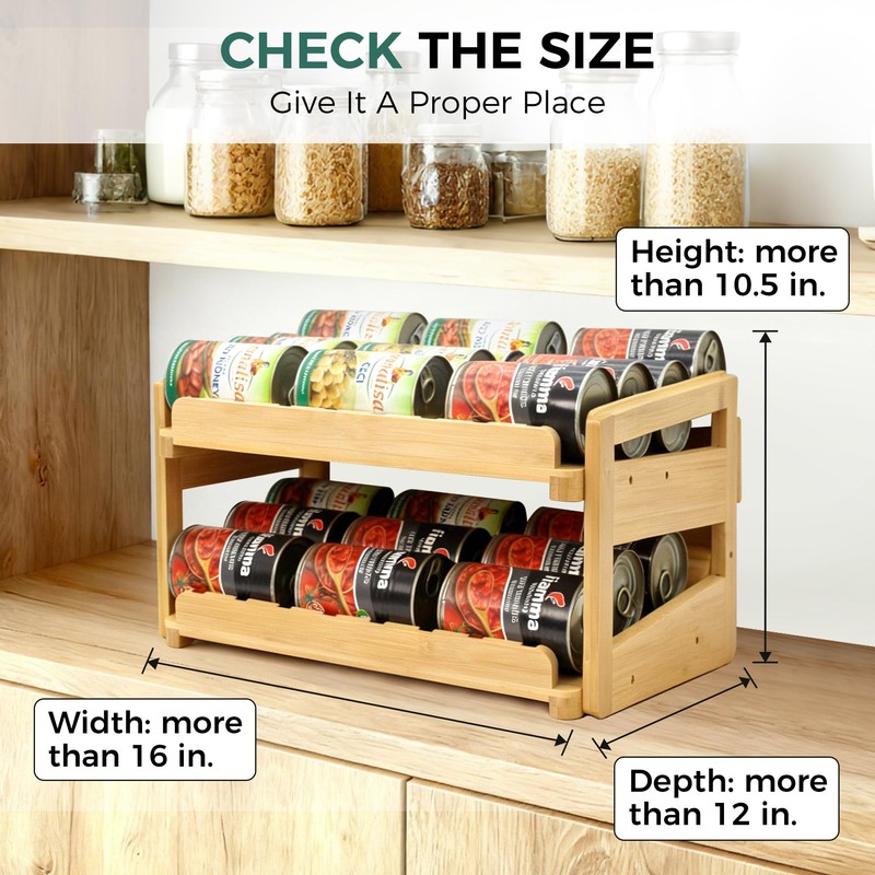 MinBoo Adjustable Can Organizer Rack, Two Tier Bamboo Stackable FIFO