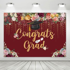 Congrats Grad Backdrop Red Gold Glitter Graduation Party Decorations Photography Background,Graduation Backdrop 2025, Congratulations Banner (7x5ft)
