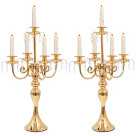 Candelabras Centerpieces for Tables, 20" Tall Candlestick Holder for Taper Candles, 5 Arm Crystal Candelabra Candle Holder for Wedding Centerpiece Decor Party Event Reception Decoration (Gold)