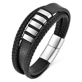 YL Black Braided Leather Mens Bracelet, Handcrafted Multi-Layer Row Silver Plated Stainless Steel Cuff Bangle Punk Wristband Jewelry for Men Women
