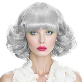 Grey Short Bob Wig with Bangs for Women Gray Synthetic Curly Natural Hair Wigs for Costume Cosplay Daily Use (Grey)
