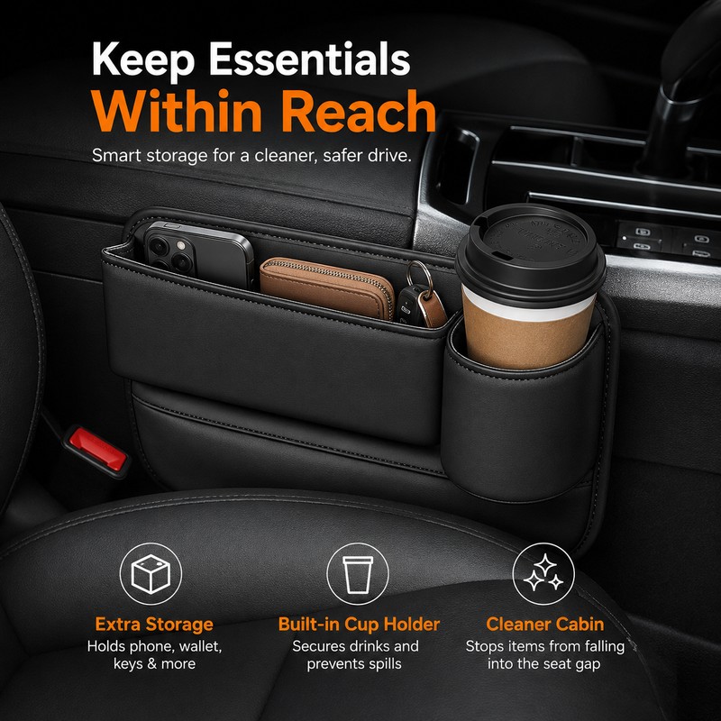 Car Seat Gap Organizer with Cup Holder – PU Leather