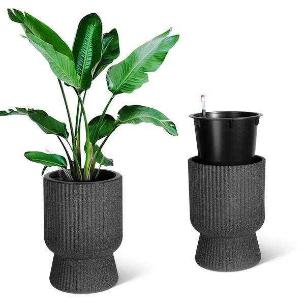 GarveeLife 14.2" Planters Set of 2, Outdoor＆Indoor Black Planter Pots,