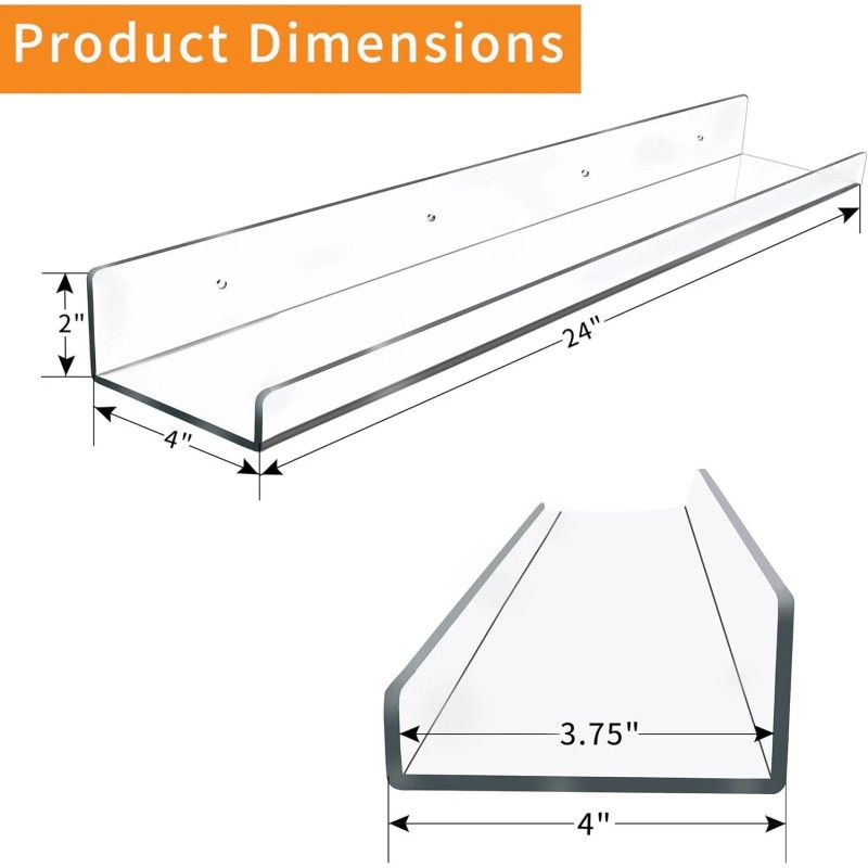 Unbranded 4 Pack 24-Inch Long Clear Acrylic Floating Shelves Wall