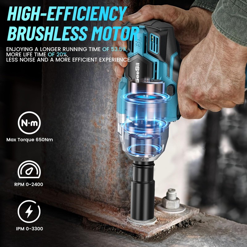 Seesii Cordless Impact Wrench 1/2 inch, High Torque 479 Ft-lbs(650Nm)