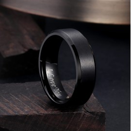 King Will 6mm Stainless Steel Ring Black Plated Matte Finish&Polished Beveled Edge with Laser Etched I Love You 13