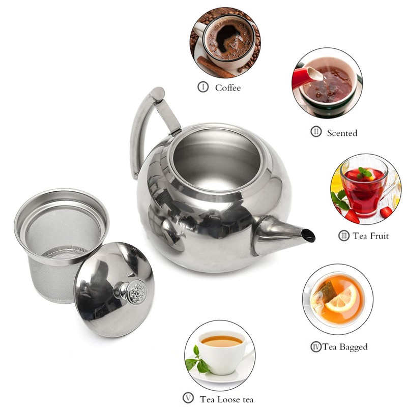 Stainless Steel Teapot, Round Smooth Mirrored Surface Teapot with Thermal
