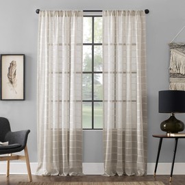 Clean Window Twill Stripe Allergy/Pet Friendly Anti-Dust Sheer Curtain Panel, 52" x 63", White/Linen