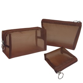 Aosbos 3-Piece Quick-Dry Mesh Cosmetic Bag Set | Transparent Travel Makeup Bag with Zipper | Toiletry Organizer for Women (3 Sizes) Brown