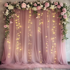 Xiomot Tulle Backdrop Curtain with Lights String 10FT X 10FT Dusty Rose Sheer Tulle Backdrop Curtains for Wedding Birthday Party Reception Photo Booth Background Decorations (2 Panels 5x10FT)