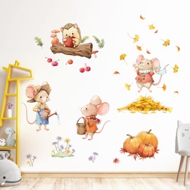 Tanlaby Fall Cartoon Mouse Wall Stickers Autumn Pumpkin Ginkgo Maple Leaves Wall Decals Hedgehogs Fall Harvest Peel and Stick Art Decor for Baby Nursery Kids Bedroom Playroom