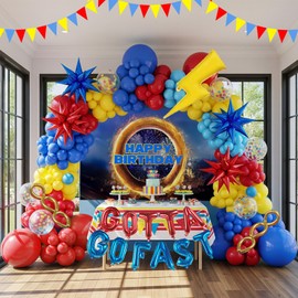 Red Blue Yellow Hedgehog Birthday Party Decorations with Letter Lightning foil balloons Banner background backdrop for kid video game Cartoon Movies Super hero themed birthday gamer party decor