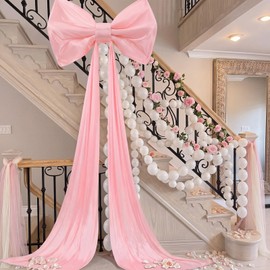 Hotop Giant Pink Bow with 100 Pcs White Link Balloons, 32 x 24 Inch Large Ice Silk Bow with 158 Inch Long Streamers for Coquette Backdrop Wedding Birthday Baby Shower Graduation Valentines Party Decor