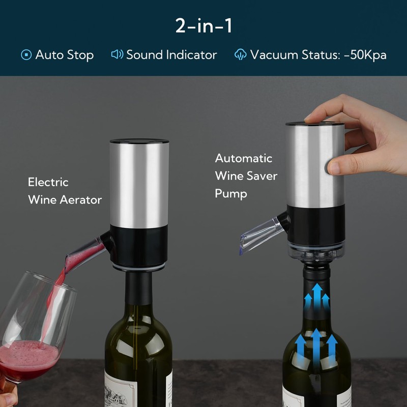 KITCHENDAO Rechargeable Electric Wine Aerator Dispenser and Wine Saver Pump,