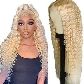 Weeybay 4x4 Curly 100% Unprocessed Lace Front Wigs #613 Blonde 8A Glueless Human Hair Wig 180% Density Blonde Color for Women 14 Inch