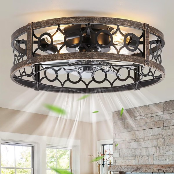 LEDIARY Caged Flush Mount Ceiling Fans with Lights, 20 Inch