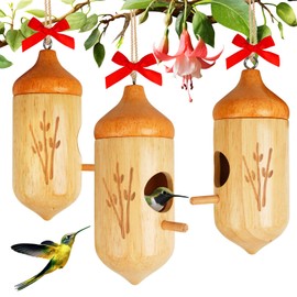 Hummingbird House, Wooden Hummingbird Houses for Outside - Handcrafted Natural Wood Birdhouse with Complete Hanging Kit (Bow & String) - Premium Gardening Gifts Decoration (Style-2, 3 Pack)