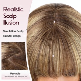 EMMOR 100% Human Hair Wig for Women - 10 Inch Shoulder Length Bob Cut with Bangs & Breathable Cap, Natural Looking for Daily Wear(Mixed Brown)