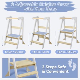 Foldable Toddler Kitchen Tower with Safety Rail, 3-Level Height Adjustable Montessori Kitchen Step Stool Helper, Standing Tower for Kids 2-6 Years, Toddler Helper Stool for Bathroom