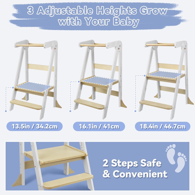 Foldable Toddler Kitchen Tower with Safety Rail, 3-Level Height Adjustable