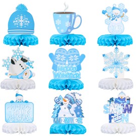 Gyufise 9Pcs Winter Table Honeycomb Centerpieces Snowflake Honeycomb Party Decorations Winter Party Centerpieces for Winter Theme Christmas Birthday Baby Shower Party Supplies Blue