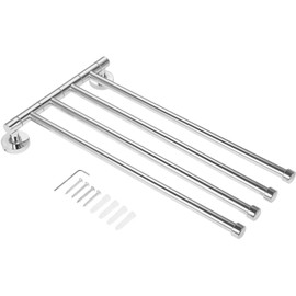 Bowarepro Towel Hanger, Towel Rack, Swing Arm, Stainless Steel, Washroom, Kitchen, Toilet, Towel Bar with Hooks, 180° Rotation Wall Hanging, Space Saving (4 Suspension Rods)