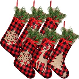 Realspring 6 Pcs Christmas Stockings Decorations 18 Inches Large Red Black Buffalo Plaid Burlap Rustic Xmas Stockings with Pine Needle Red Berry for Family Fireplace Christmas Tree Hanging Ornament