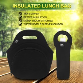 Nordic By Nature Insulated Neoprene Lunchbox Tote Lunch Bag Made For Women, Men and Kids | Includes 12" Big Bottle Cooler | Lightweight | Rugged Lunchbox | Washable | Black Metal Pattern