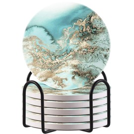 HAOCOO Round Drink Coasters With Holder (Set of 6), Absorbent Ceramic Coasters with Non-Slip And Scratch-Resistant Cork Base, Home Kitchen Office