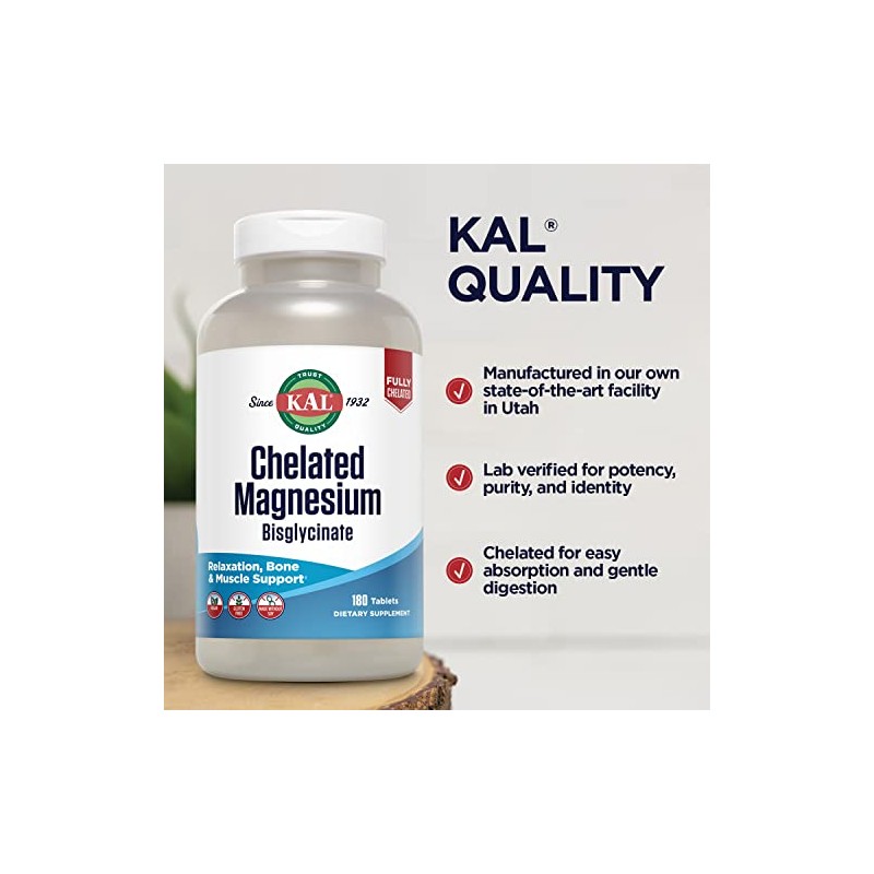 KAL Chelated Magnesium Bisglycinate, Magnesium Supplement for Relaxation, Bone Health,