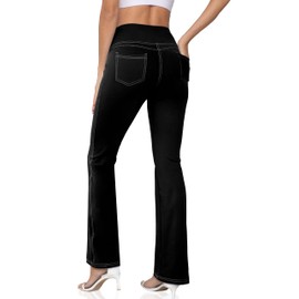CHANLEED Women's Bootcut Yoga Pants, Wide Leg Leggings with Pockets High Waist Flare Dress Pants Petite/Regular/Tall（Black-XL）