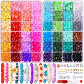 Pubiseed 1711pcs 8mm Glass Beads for Jewelry Making - 48 Colors Crystal Glass Beads for Bracelets, Round Glass Beads Friendship Bracelet Making Kit Beads DIY Crafts for Adults