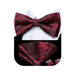 Dubulle Mens Paisley Floral Bow Ties Silk Pre-tied Bowtie for Men with Pocket Square Cufflinks Wedding Party,Burgundy Black
