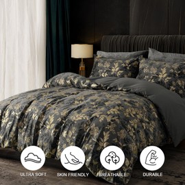 PHF Truly Velvet Duvet Cover Set King Size, 3pcs Leaves Print Ultra Soft Breathable Comforter Cover Set, Luxury Cozy Flannel Duvet Cover with Pillow Shams Bedding Collection, 104" x 90", Grey and Gold