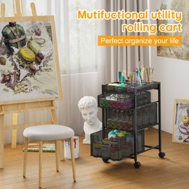 Rolling Utility Cart with 3 Drawers, Craft Organizer and Storage with DIY Divider, Lockable Wheels, Multi-Functional Storage for Art Supplies, Store for Brushes & Paints & Artifacts Small Parts