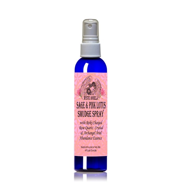 Abundance Smudge Spray with Reiki Charged Rose Quartz Crystal and Archangel Ariel Essence - Uplifting Essential Oil Blend Including Organic White Sage, Pink Grapefruit, Pink Lotus & Peppermint