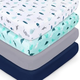 SPRINGSPIRIT Fitted Crib Sheets for Standard Crib&Toddler Mattress 4 Pack Multi Color 52"x28" - Aqua + Navy
