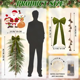 Hungdao 2 Pack 36" Large Christmas Pine Teardrop Cedar Swag with Lights Velvet Bells Bow and Faux Pine Cones Rustic Christmas Artificial Greenery Swag Wreath for Xmas Farmhouse Home Wall Decor(Green)