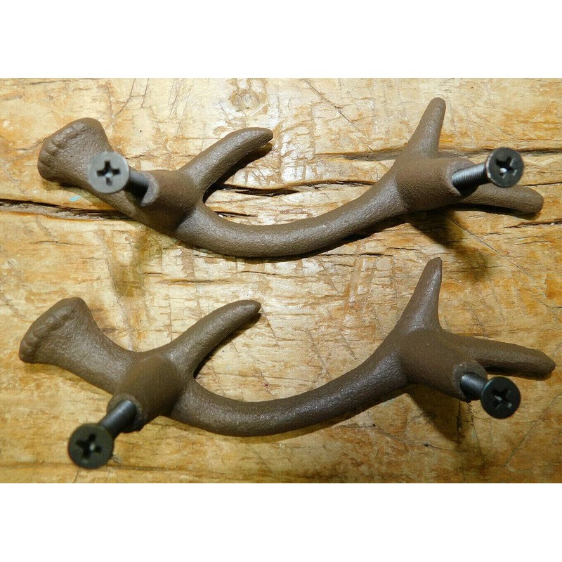 2 Cast Iron Antique Style Deer Antlers Drawer Handle Pull