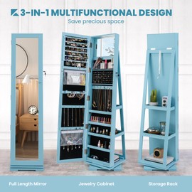 CHARMAID 360° Swivel Jewelry Armoire with Full Length Mirror, Standing Lockable Jewelry Cabinet Organizer, Large Storage Capacity, Inside Makeup Mirror, Back Storage Shelves (Sky Blue)